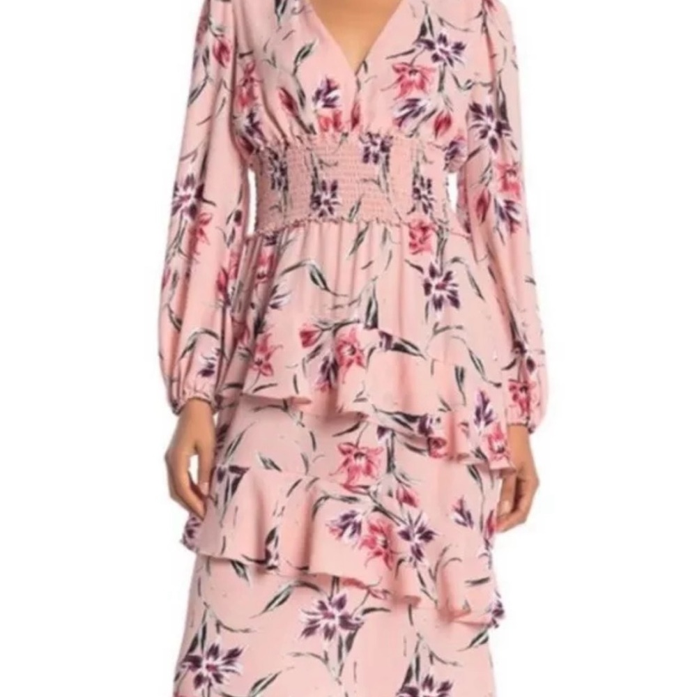 Free Press - V Neck Smocked Waist Ruffle Floral Chiffon Dress- Size Small - Picture 2 of 6